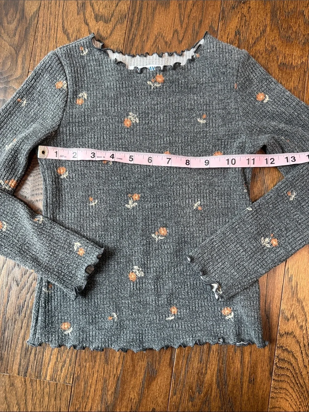 Old Navy Girls Long Sleeve Ribbed Tops - Gray Floral & Black size small 6-7